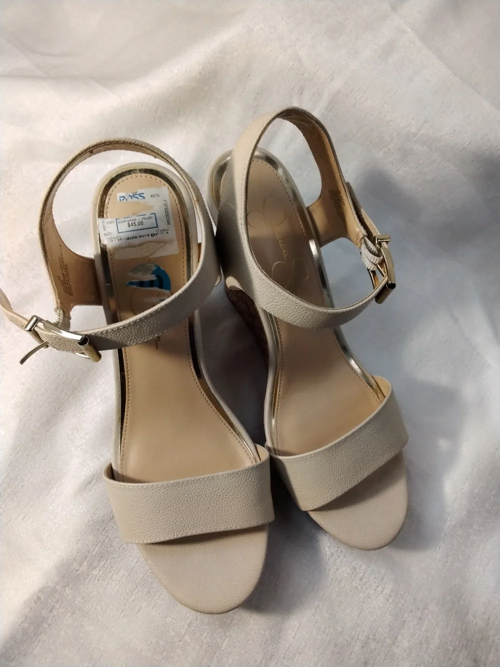 Jessica Simpson Cream Wedge Sandals with Cork-Style Wedge